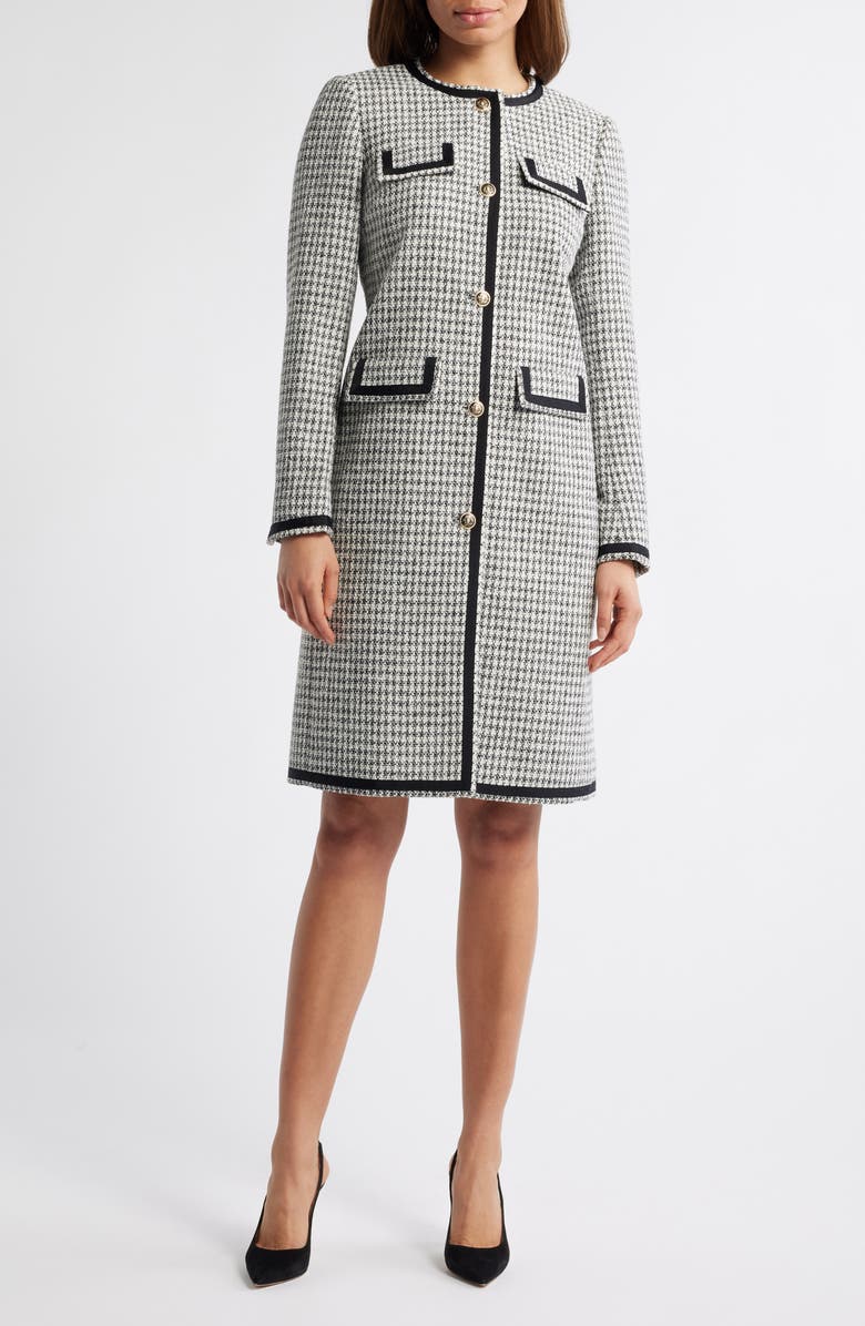 Anne Klein Houndstooth Tweed Long Sleeve Sheath Dress, Main, color,