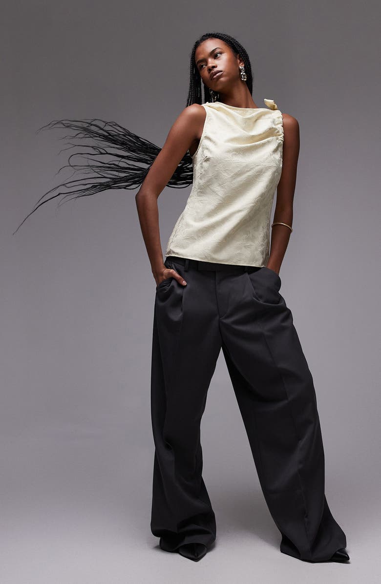 Topshop Floral Jacquard Ruched Cotton Top, Alternate, color, Cream