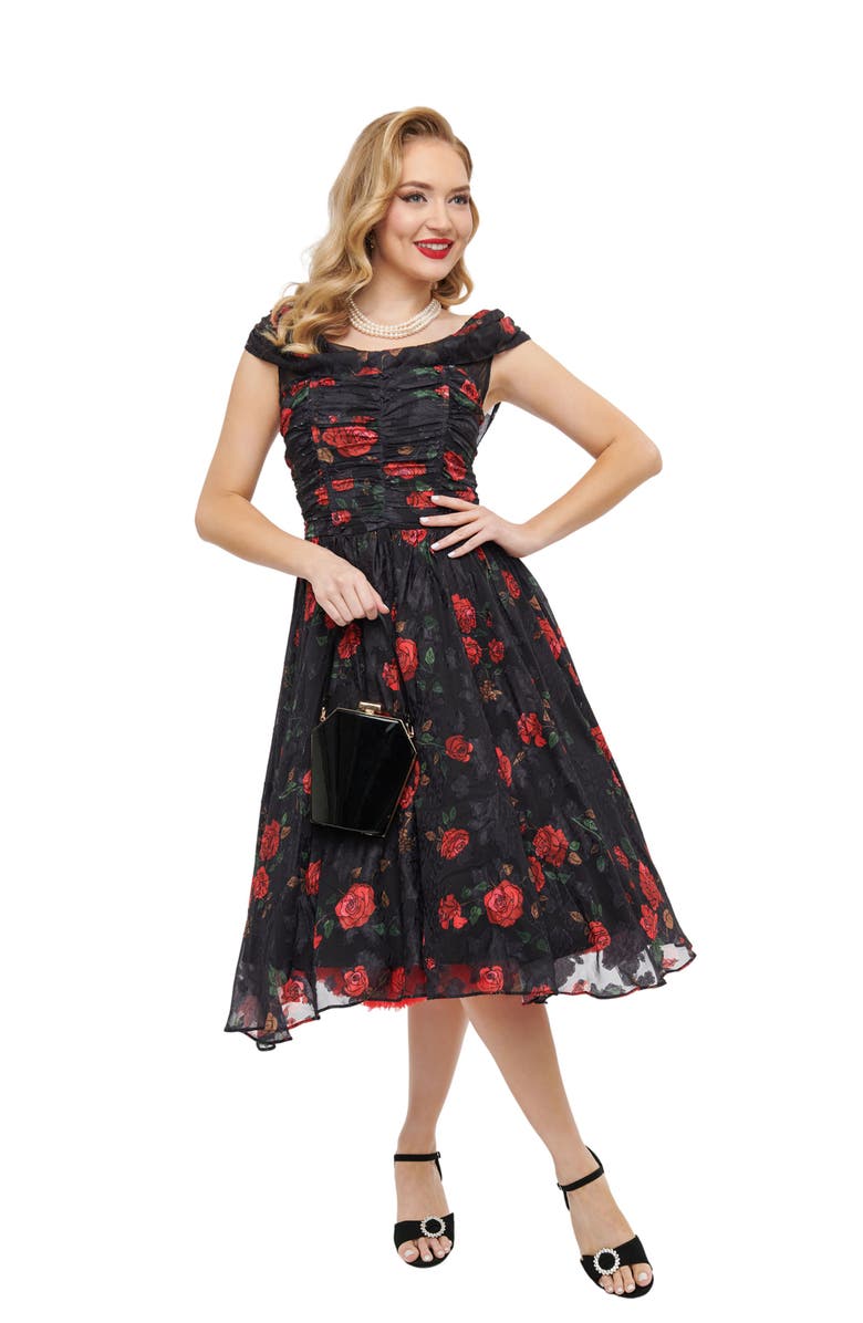 Unique Vintage Off The Shoulder Ruffle Cocktail Dress, Main, color, Black Floral