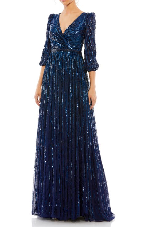 Sequined Wrap Over 3/4 Sleeve Gown