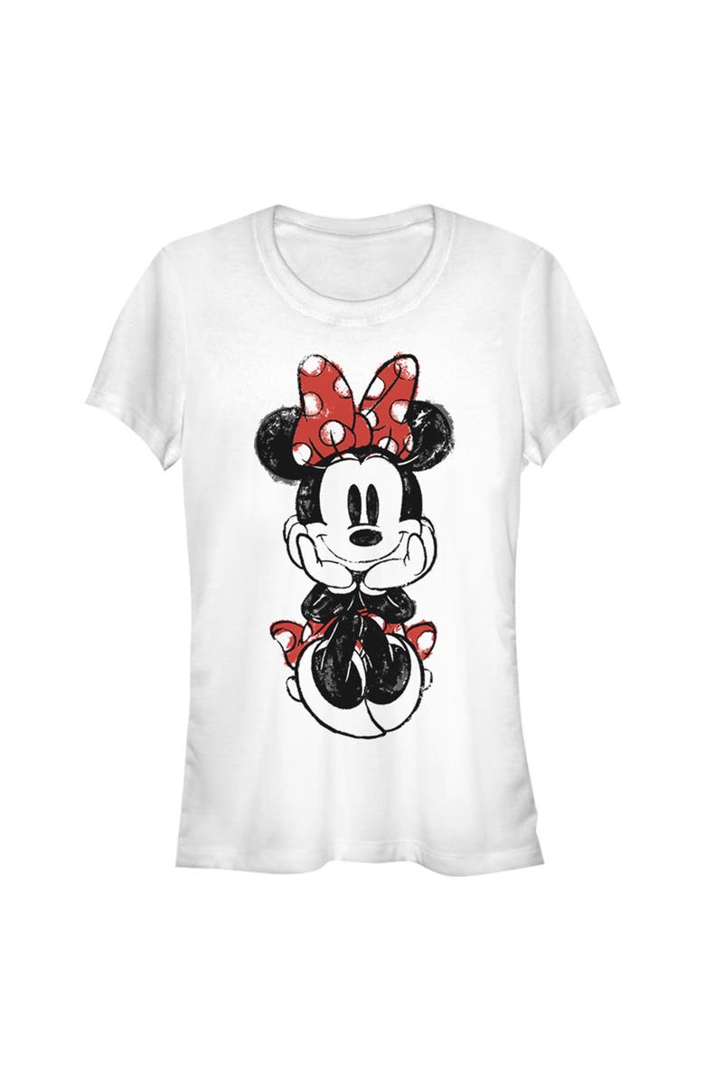 Mickey & Friends Junior's Mickey & Friends Sitting Minnie Sketch Graphic T-Shirt, Main, color, White