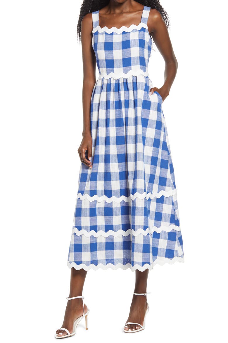 Rickrack Trim Gingham Midi Dress, Main, color, BLUE