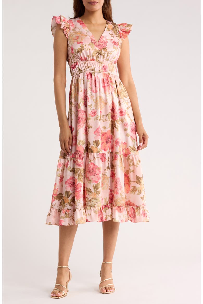 pink cap sleeve midi dress Pink Short Sleeve Round Neck Hollow Midi Dress