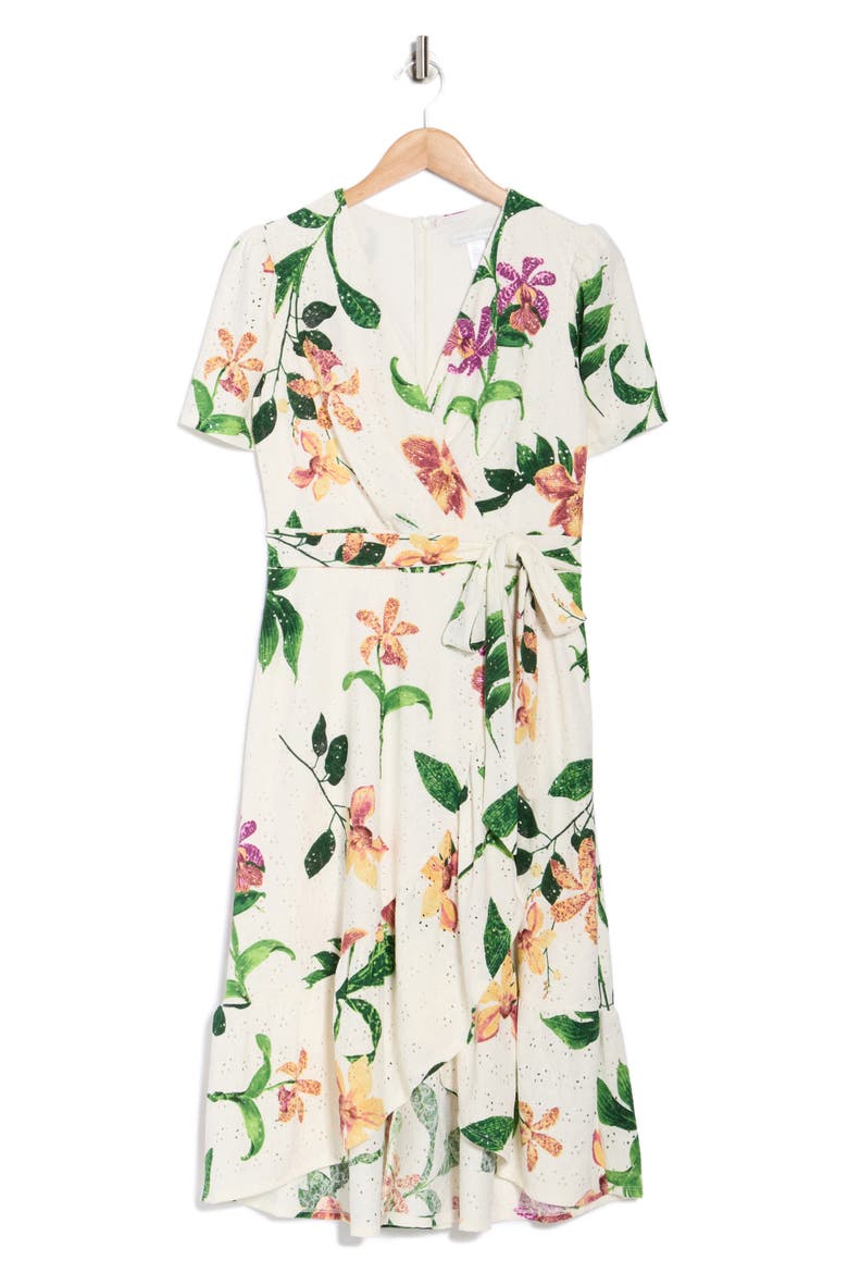 Floral Eyelet Short Sleeve Faux Wrap Dress, Alternate, color, SOFT WHITE/ MARIGOLD