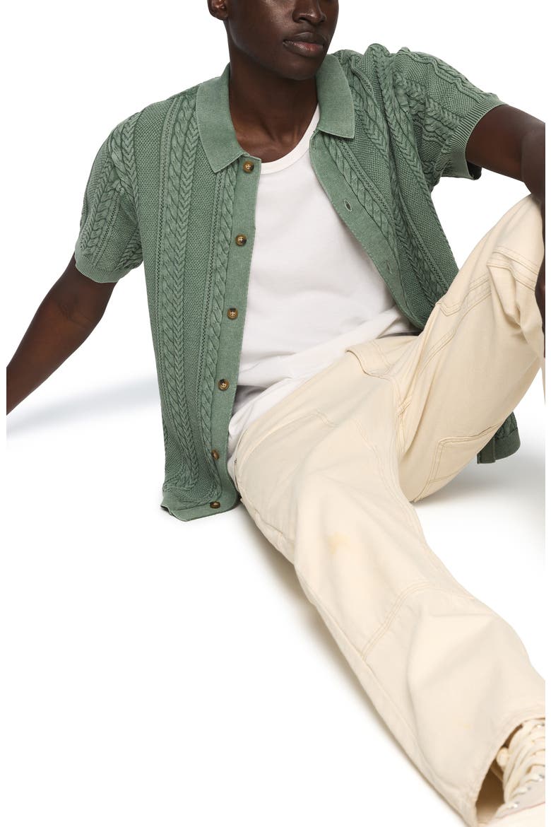 Fisherman Knit Short Sleeve Button-Up Shirt, Alternate, color, FROSTY SPRUCE