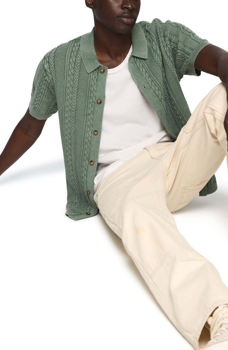 Lucky Brand Fisherman Knit Short Sleeve Button-Up Shirt, Alternate, color, Frosty Spruce