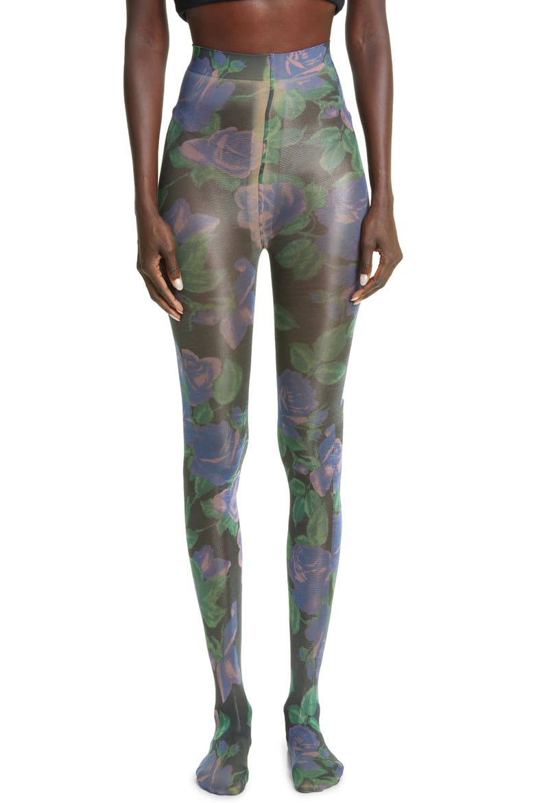 Floral Print Sheer Tights, Alternate, color, PURPLE ROSE