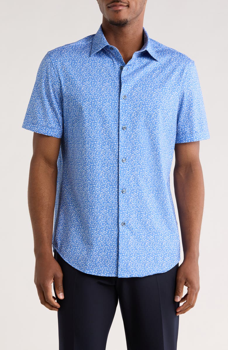 Bugatchi Print Short Sleeve Button-Up Shirt, Main, color, Cobalt