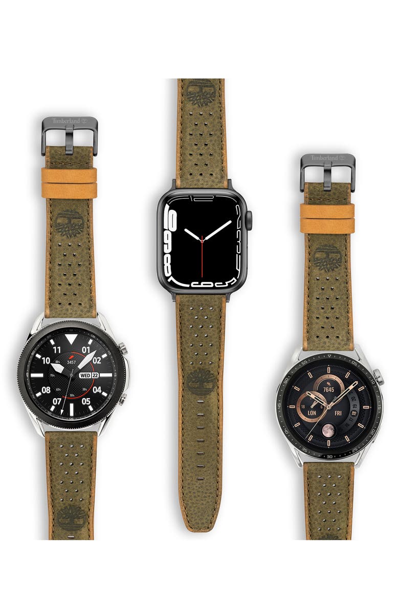 Timberland Daintree Water Repellent Leather 20mm Smartwatch Watchband, Alternate, color, Evergreen