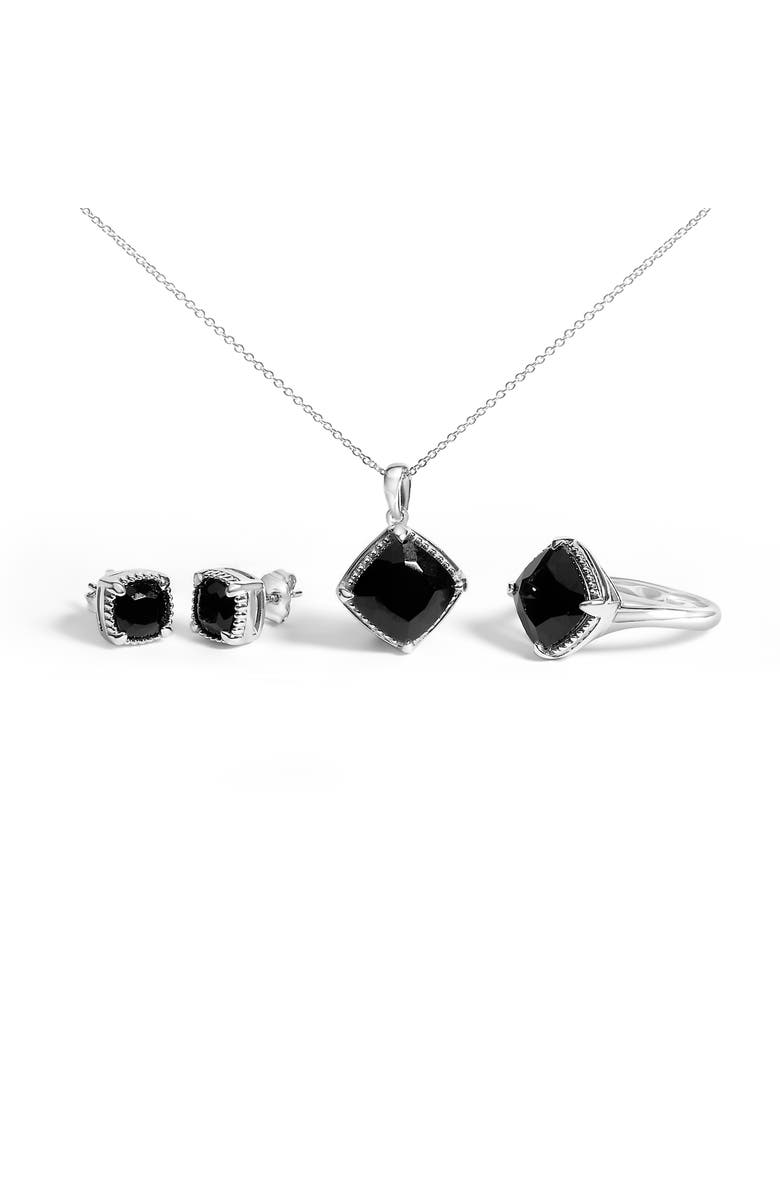 Haus of Brilliance Sterling Silver Cushion Onyx 3-Piece Jewelry Set Ring Earrings Pendant, Main, color, Silver