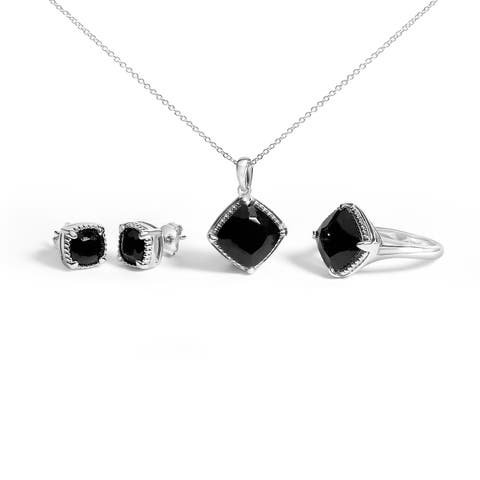 Sterling Silver Cushion Onyx 3-Piece Jewelry Set Ring Earrings Pendant