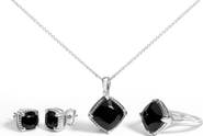 Haus of Brilliance Sterling Silver Cushion Onyx 3-Piece Jewelry Set Ring Earrings Pendant