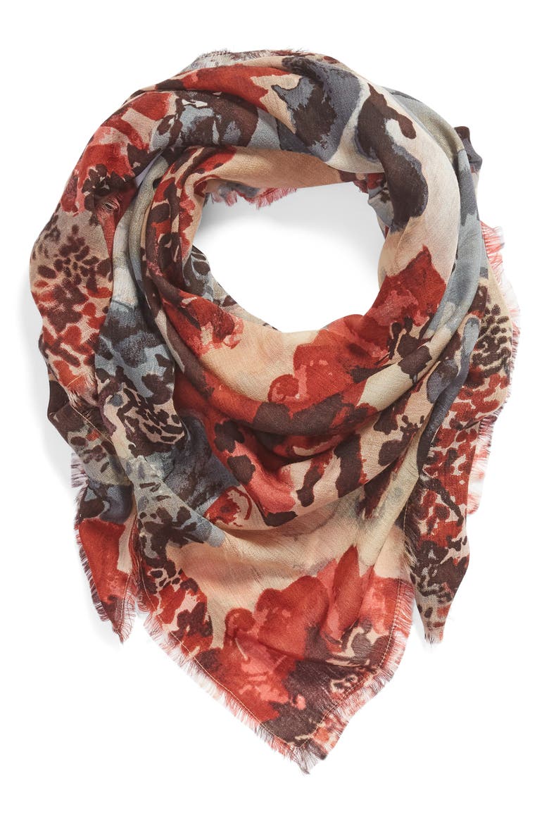 Print Wool Scarf, Alternate, color, TAN MAHOGANY WATERCOLOR MEADOW