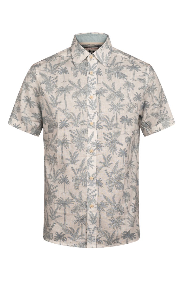Report Collection Tropical Print Short Sleeve Linen & Cotton Button-Up Shirt, Alternate, color, White