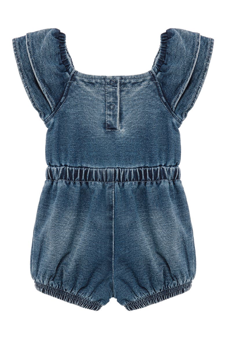 Bow Front Flutter Sleeve Stretch Cotton Blend Knit Denim Romper, Alternate, color, MED STONE
