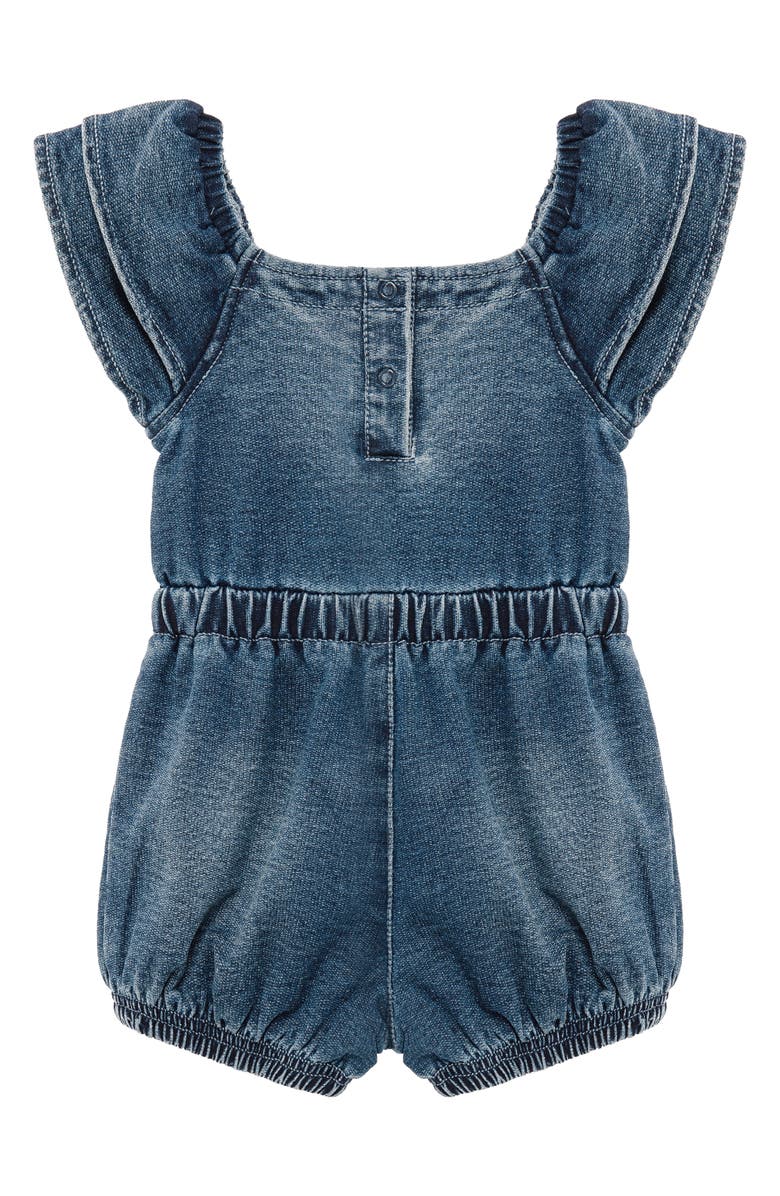 Habitual Kids Bow Front Flutter Sleeve Stretch Cotton Blend Knit Denim Romper, Alternate, color, Med Stone