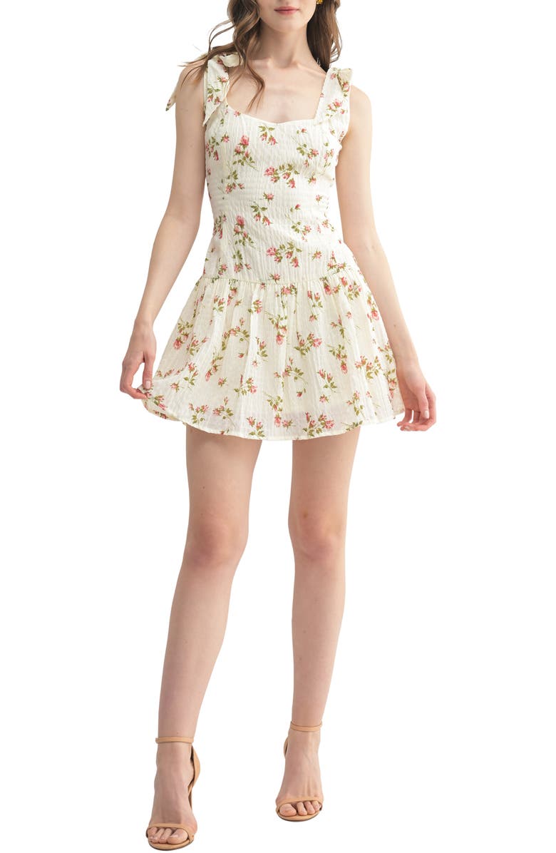 All in Favor Floral Tie Shoulder Minidress, Main, color, Cream Red