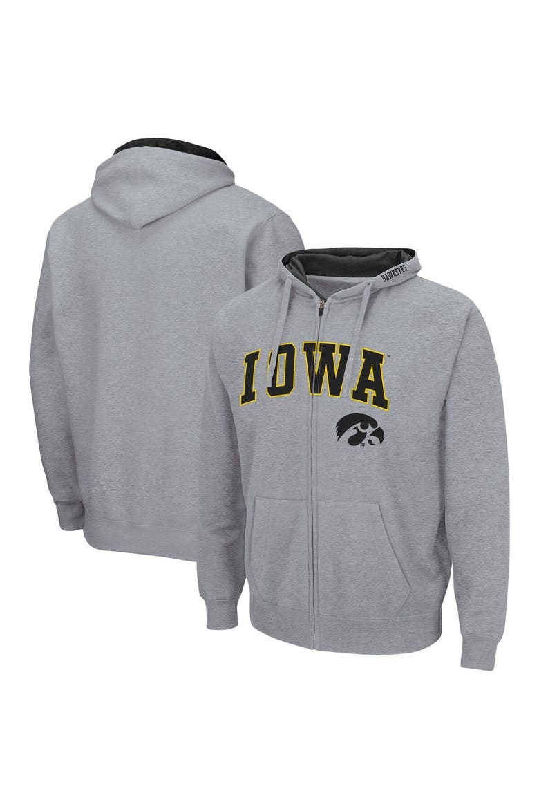 Men's Colosseum Heathered Gray Iowa Hawkeyes Arch & Logo 3.0 Full-Zip Hoodie, Main, color, Heather Gray