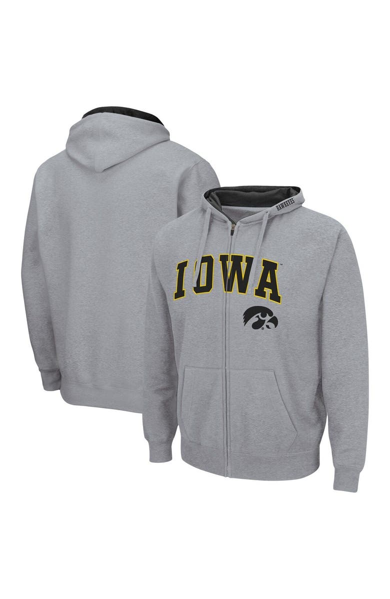 COLOSSEUM Men's Colosseum Heathered Gray Iowa Hawkeyes Arch & Logo 3.0 Full-Zip Hoodie, Main, color,