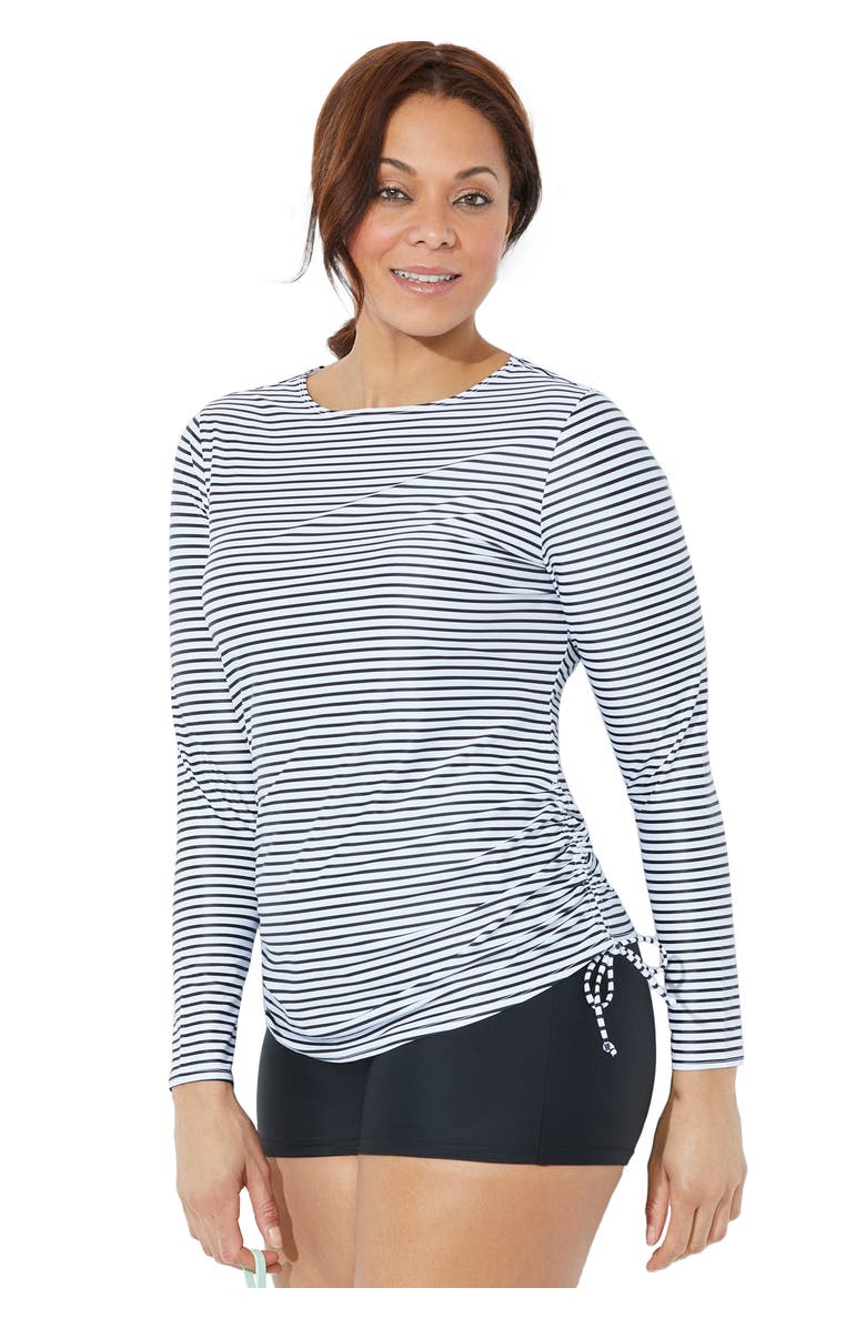 Swimsuits for All Chlorine Resistant Side-Tie Long Sleeve Swim Shirt Rash Guard, Main, color, Black Stripe