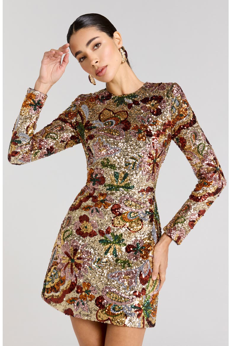 Camile Embellished Long Sleeve Sheath Cocktail Dress, Alternate, color, GOLD