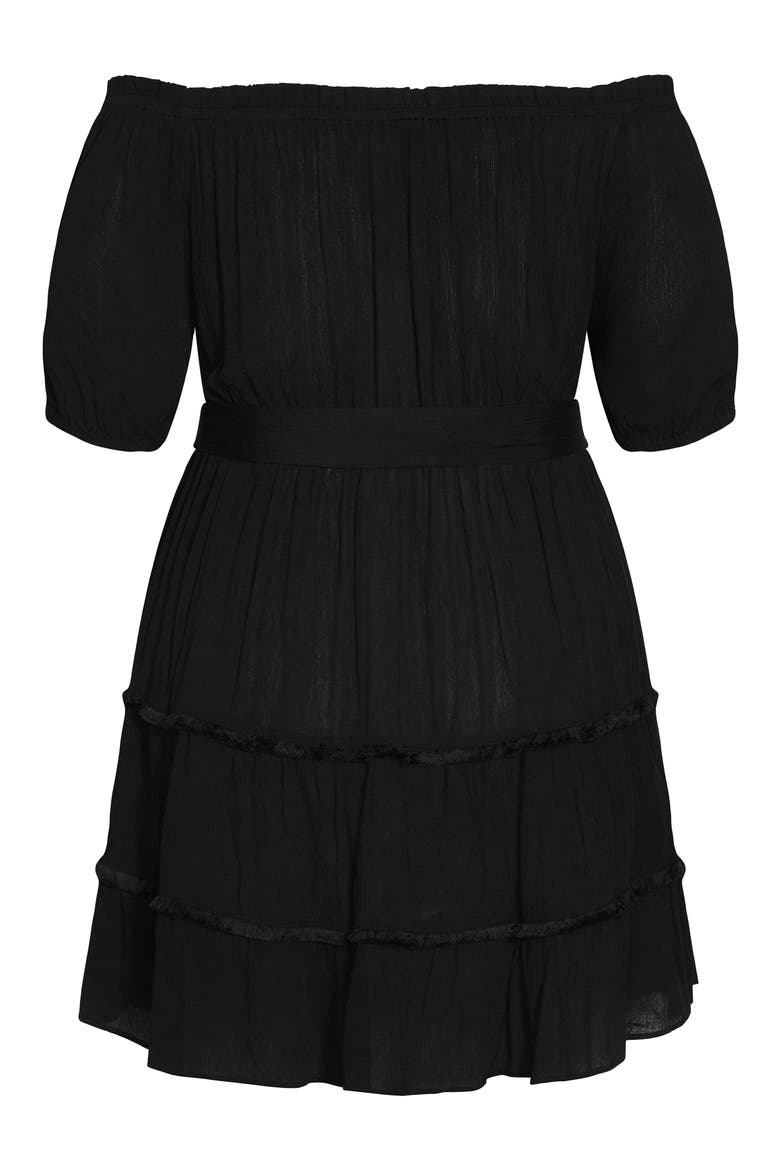 Fiesta Fringe Off the Shoulder Dress, Alternate, color, BLACK
