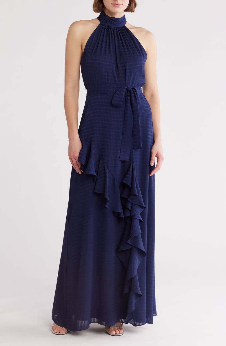 Anne Klein Sleeveless Tie Waist Asymmetric Ruffle Maxi Dress, Main, color, 