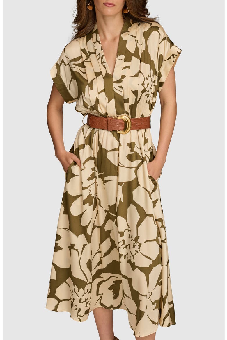 Floral Print Belted Midi Dress, Alternate, color, SPRING GREEN