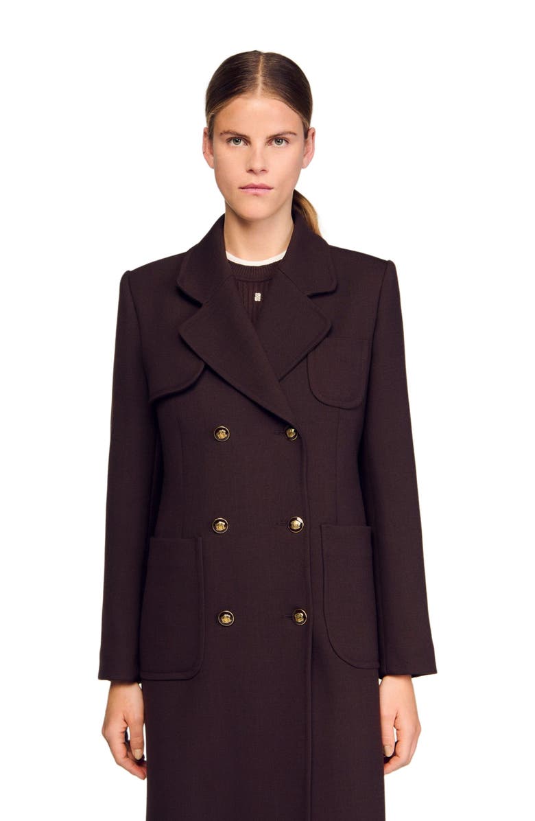 SANDRO Structured long double-breasted coat, Main, color, Brown