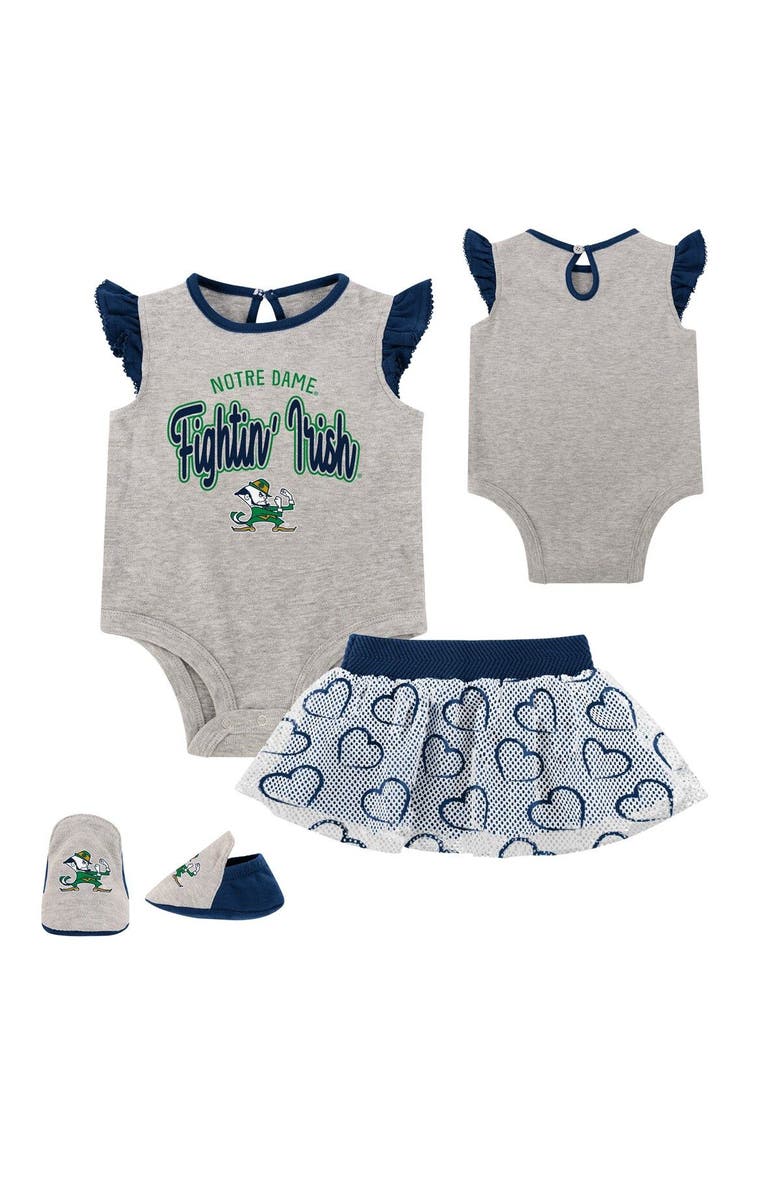 Outerstuff Girls Newborn Heather Gray Notre Dame Fighting Irish All Dolled Up Bodysuit, Skirt & Bootie Set, Main, color, 