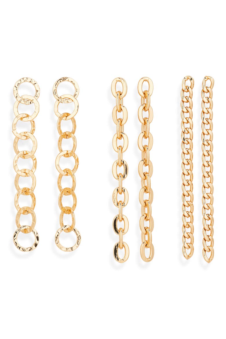 Set of 3 Chain Link Drop Earrings, Main, color, GOLD