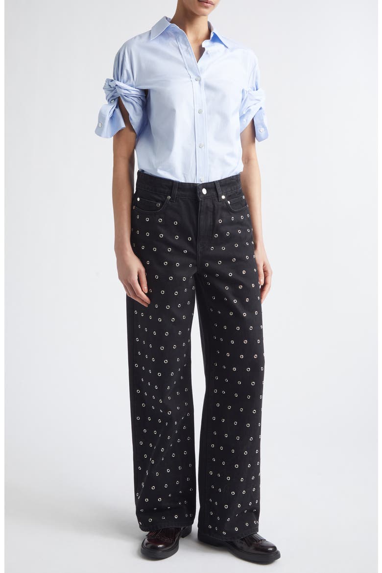 Grommet Detail Straight Leg Jeans, Alternate, color, BLACK