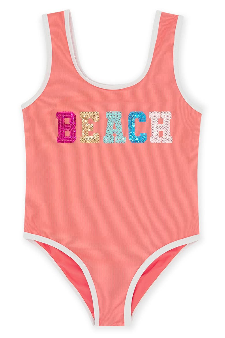 Kids' Wave Break UPF 50+ One-Piece Swimsuit, Main, color, CORAL SUN