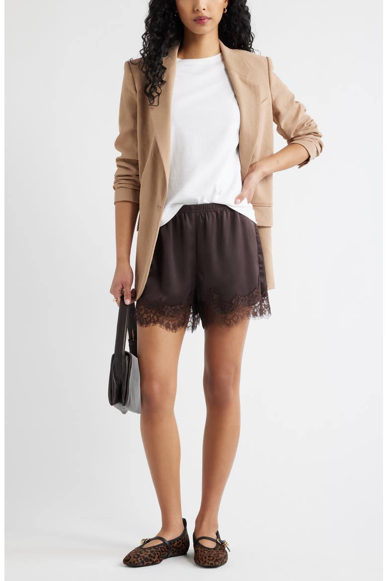 Lace Trim Satin Shorts, Alternate, color, BROWN SEAL