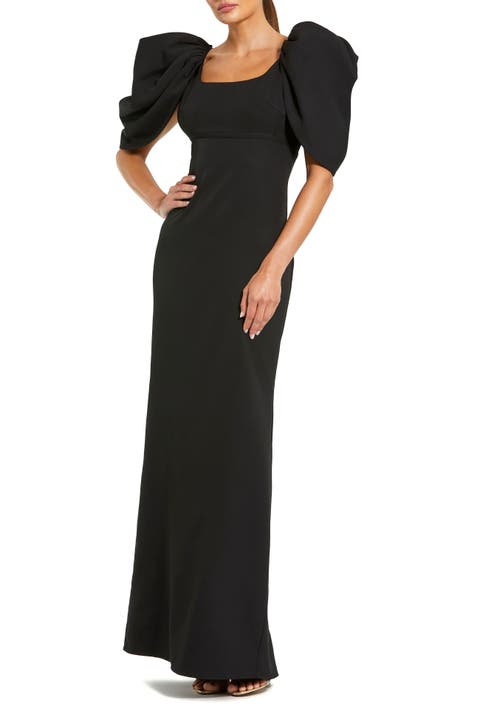 Crepe Square Neck Gown With Puff Sleeves