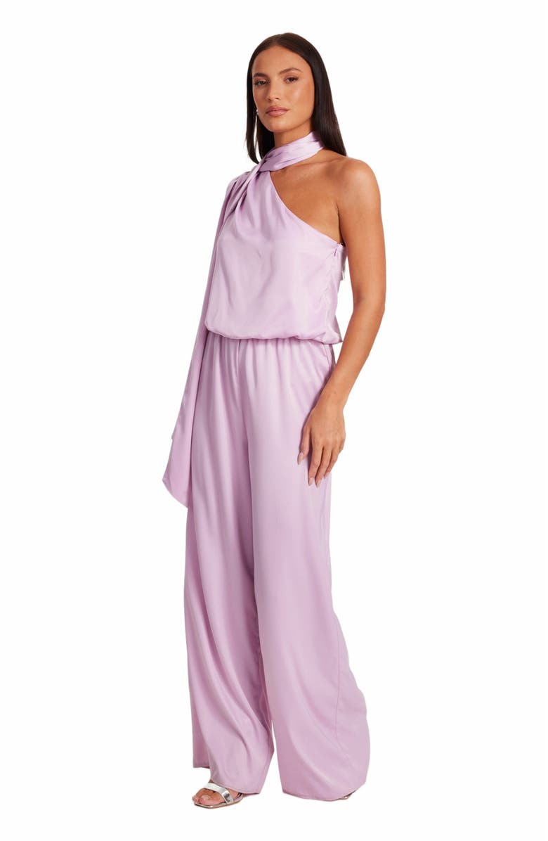 QUIZ One Sleeved Satin Jumpsuit With Scarf Detail, Alternate, color, Lilac