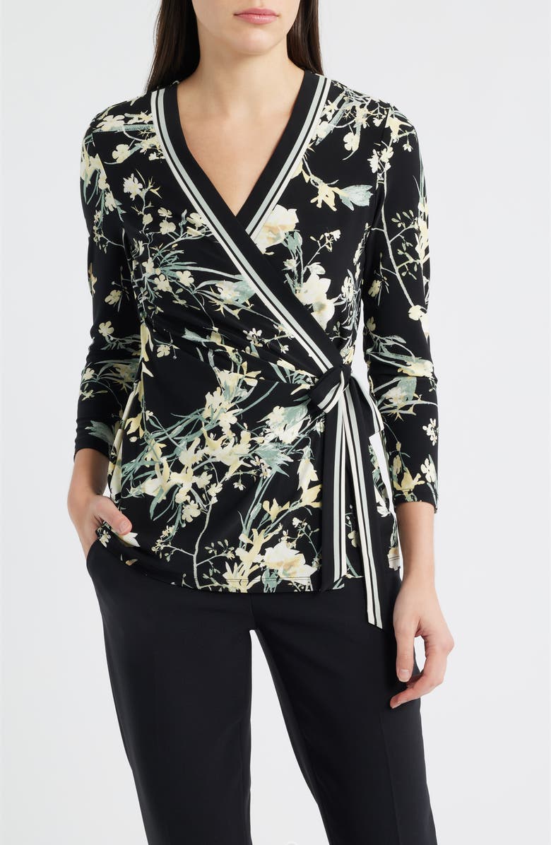 Anne Klein Floral Wrap Top, Main, color, Anne Black Multi