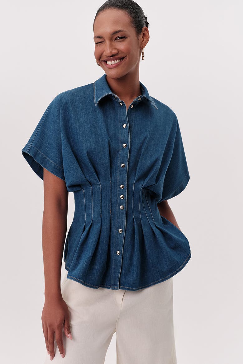 Marisa Collared Short Sleeve Denim Shirt, Alternate, color, Blue