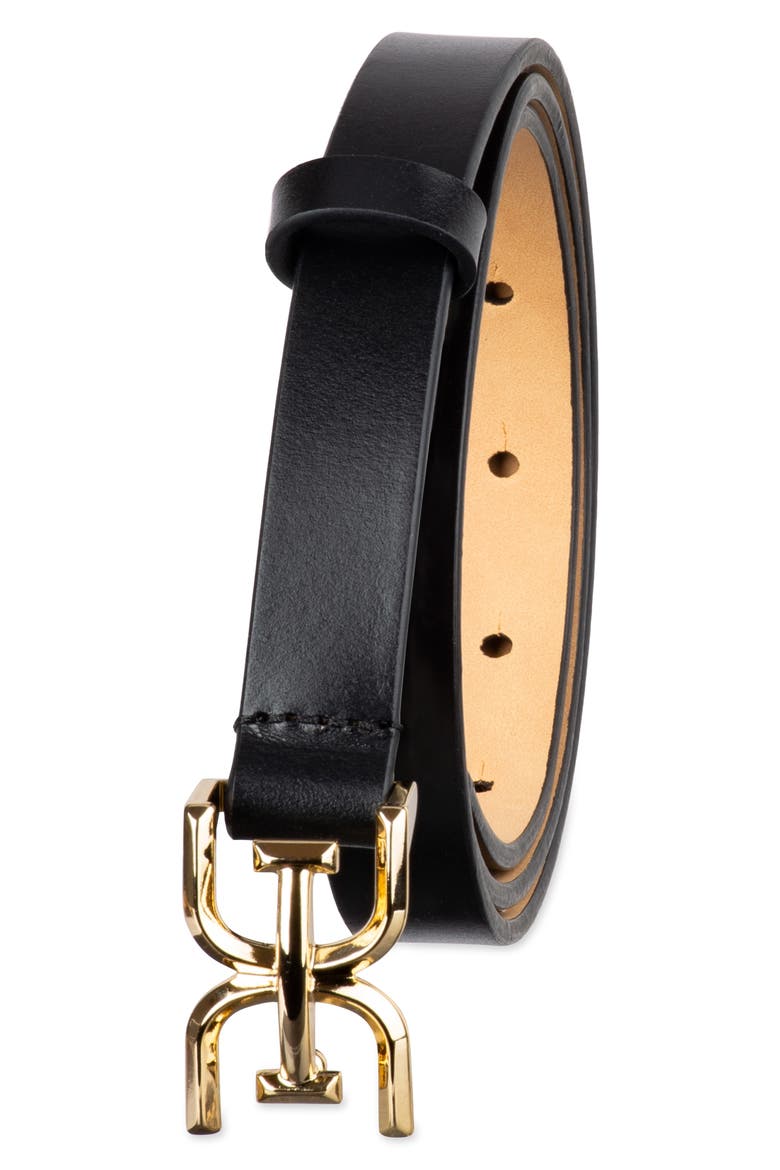 Double E Logo Slim Leather Belt, Alternate, color, BLACK