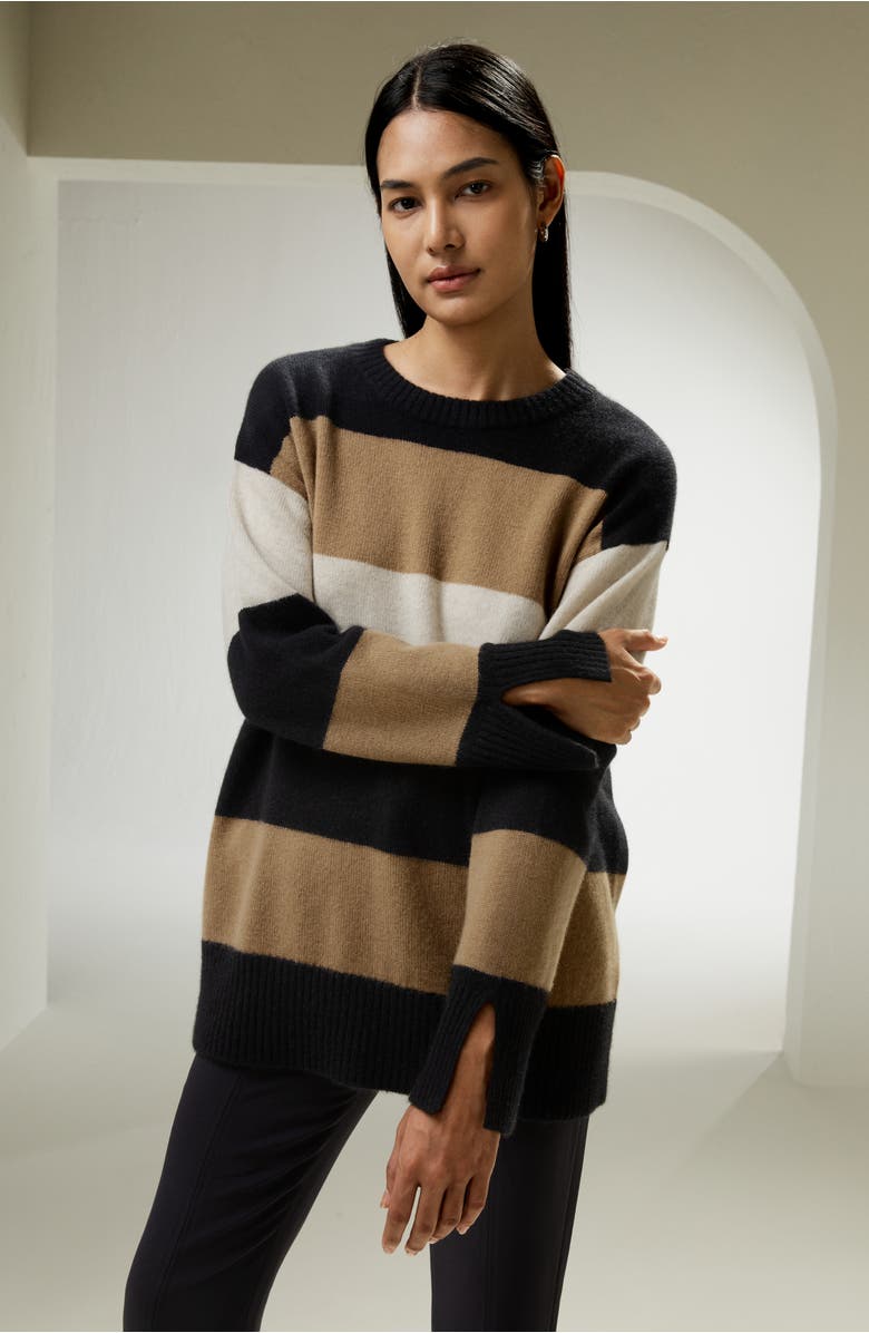 Lilysilk Women's Tri-colored Stripe Cashmere Sweater, Alternate, color, Black&Camel&Beige