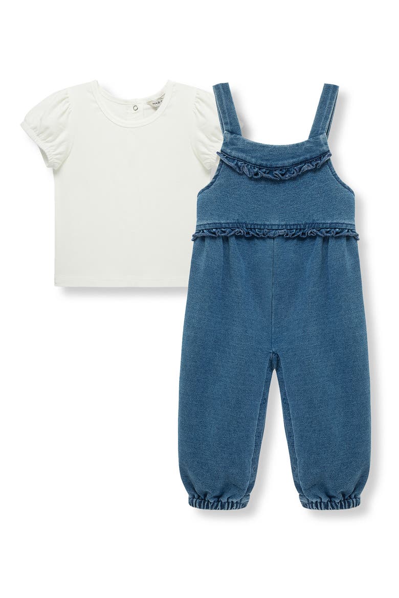 Puff Sleeve T-Shirt & Ruffle Knit Overalls Set, Main, color, INDIGO