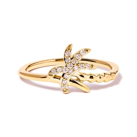 10K Yellow Gold 1/10 Cttw Diamond Palm Tree Statement Ring