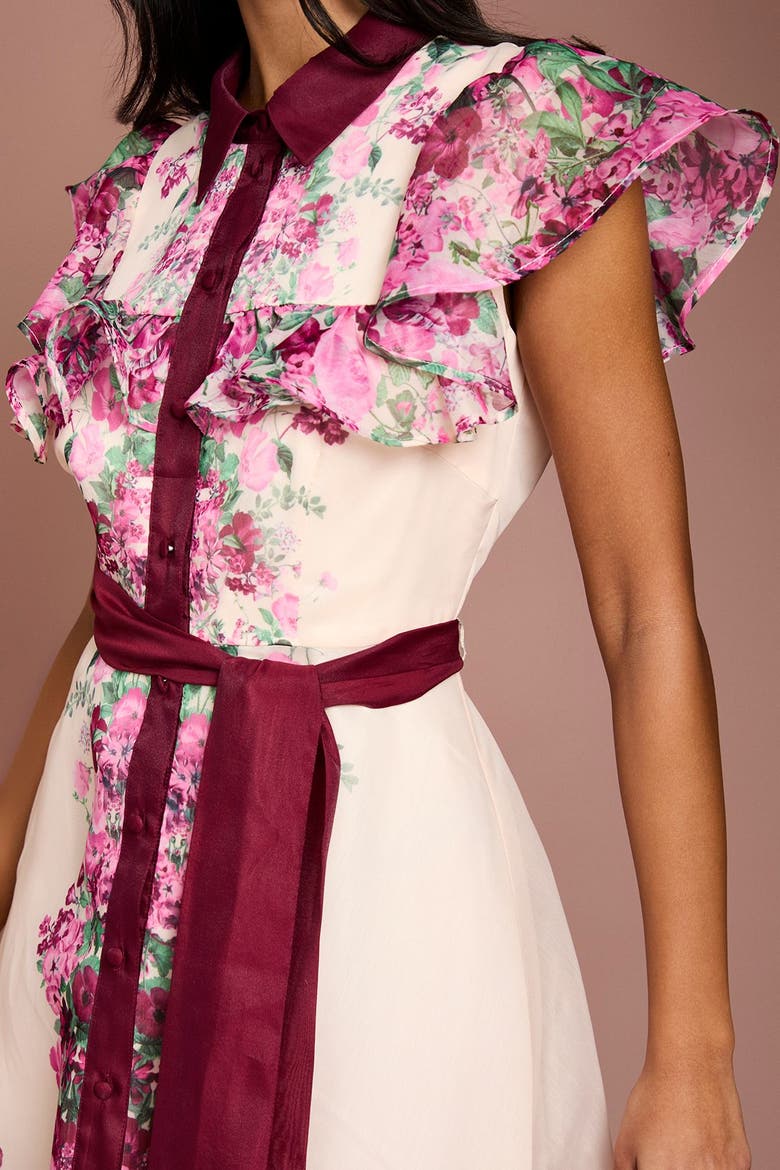 Petite Floral Frill Collard Midi Dress, Alternate, color, Berry
