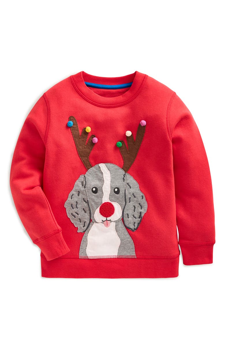 Mini Boden Kids' Holiday Reindeer Dog Appliqué Graphic Sweatshirt, Main, color, 