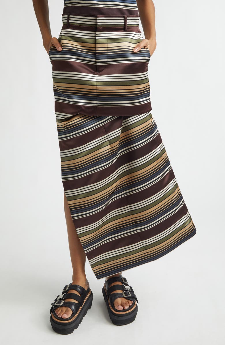 Sacai Horizontal Stripe Satin Skirt, Main, color, Brown/ Beige