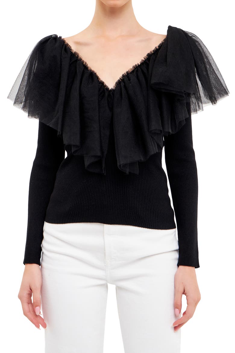 Ruffle Mesh Mixed Media Top, Alternate, color, BLACK