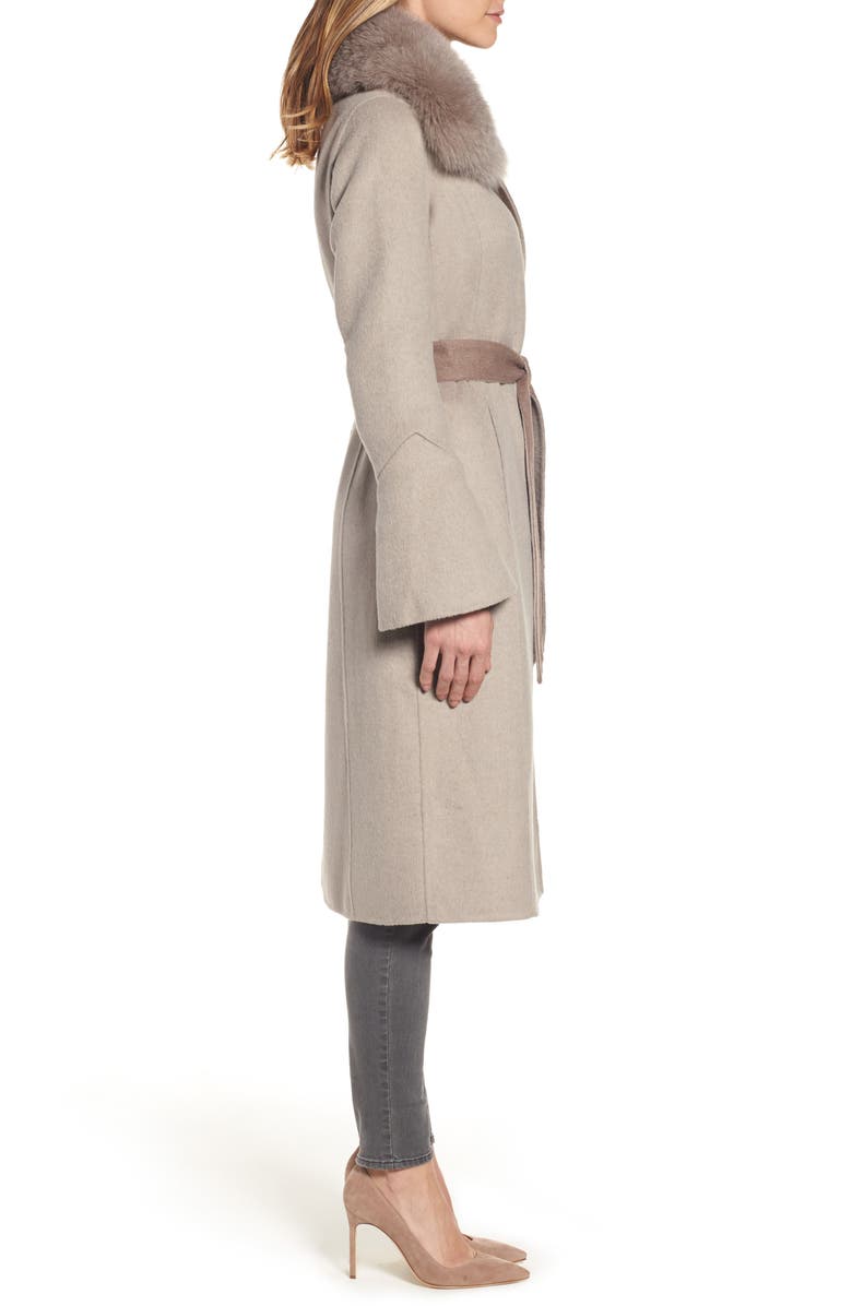 Elie Tahari Annabelle Genuine Fox Fur Trim Double Face Long Wrap Coat, Alternate, color, 