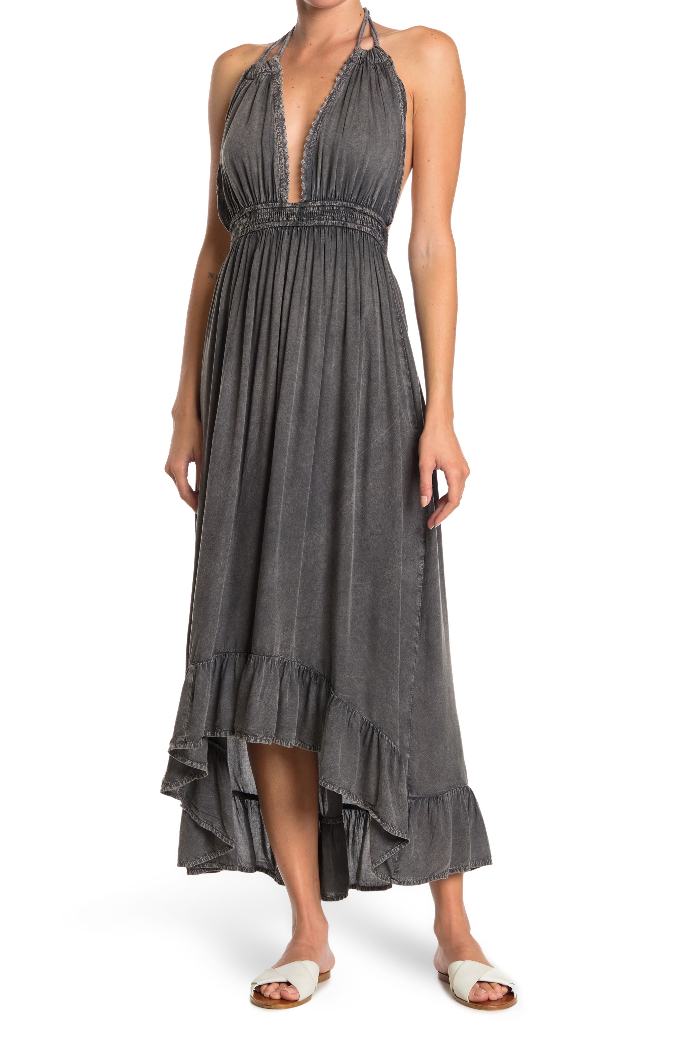 BOHO ME Open Back Plunge Neck Ombré Halter Dress