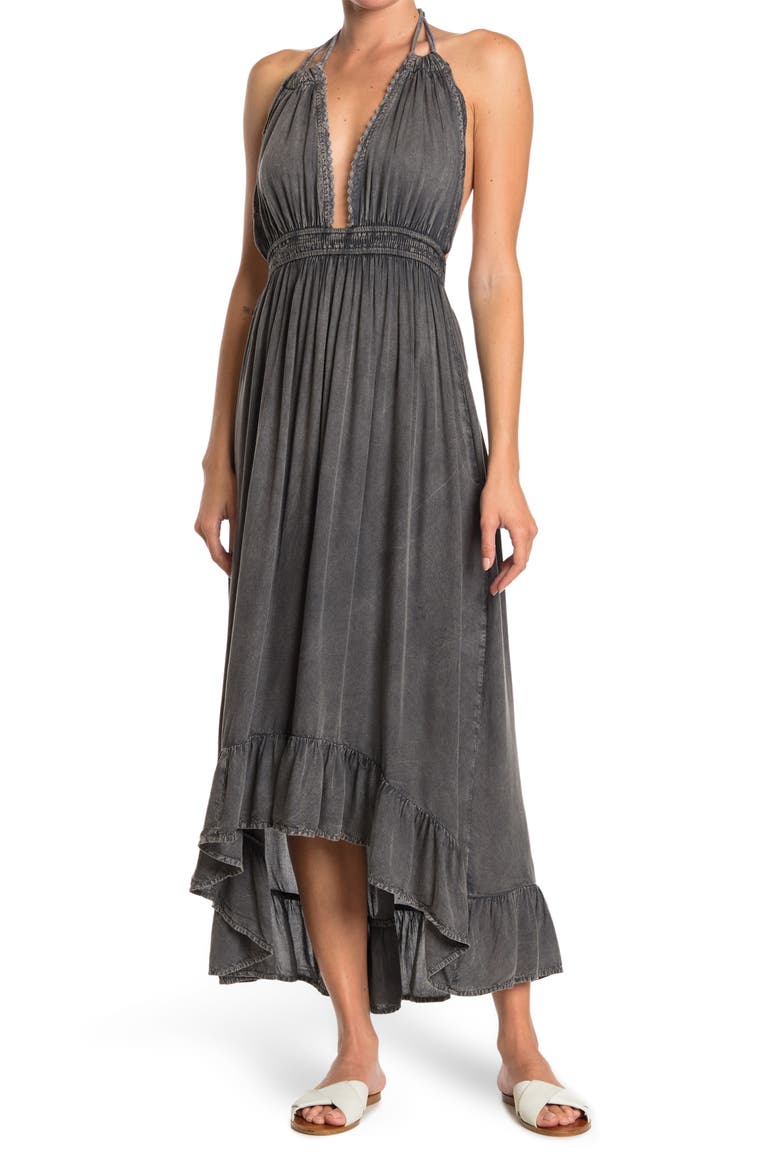 Open Back Plunge Neck Ombré Halter Dress, Main, color, CHARCOAL