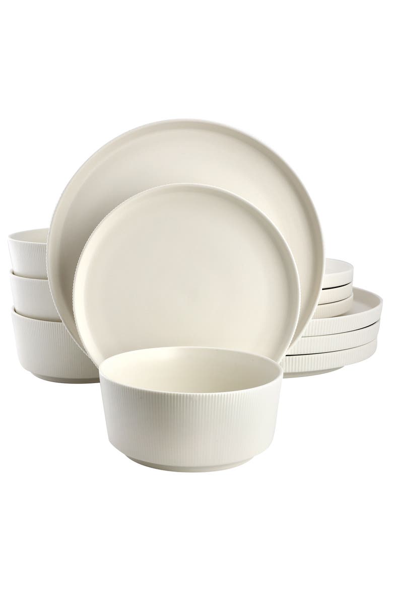 12 Piece Stoneware Dinnerware Set in Off-White, Main, color, White